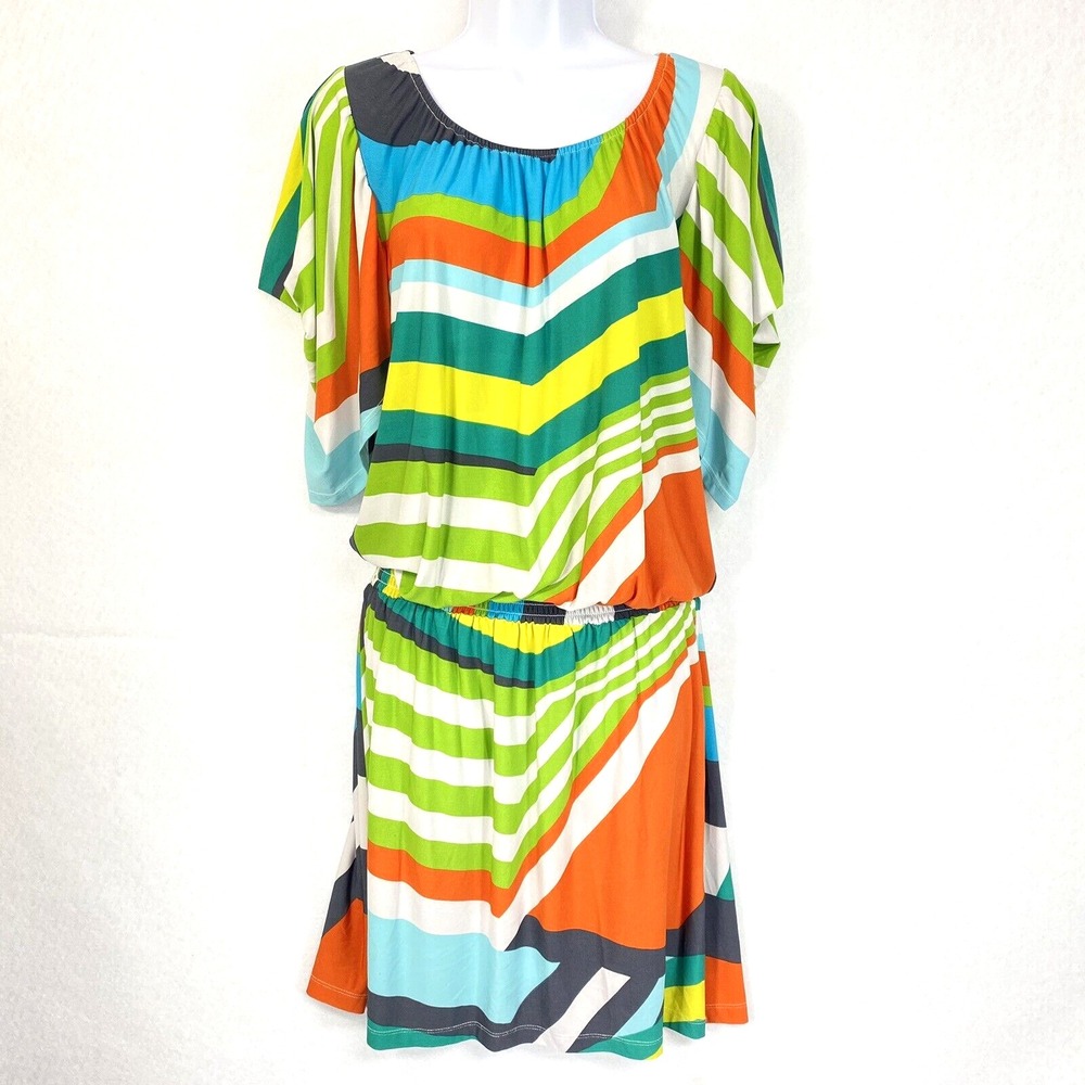 Emma & Michele Dress Multicolor Draped Sleeves M Comfy Stretch Flowy Drop Waist